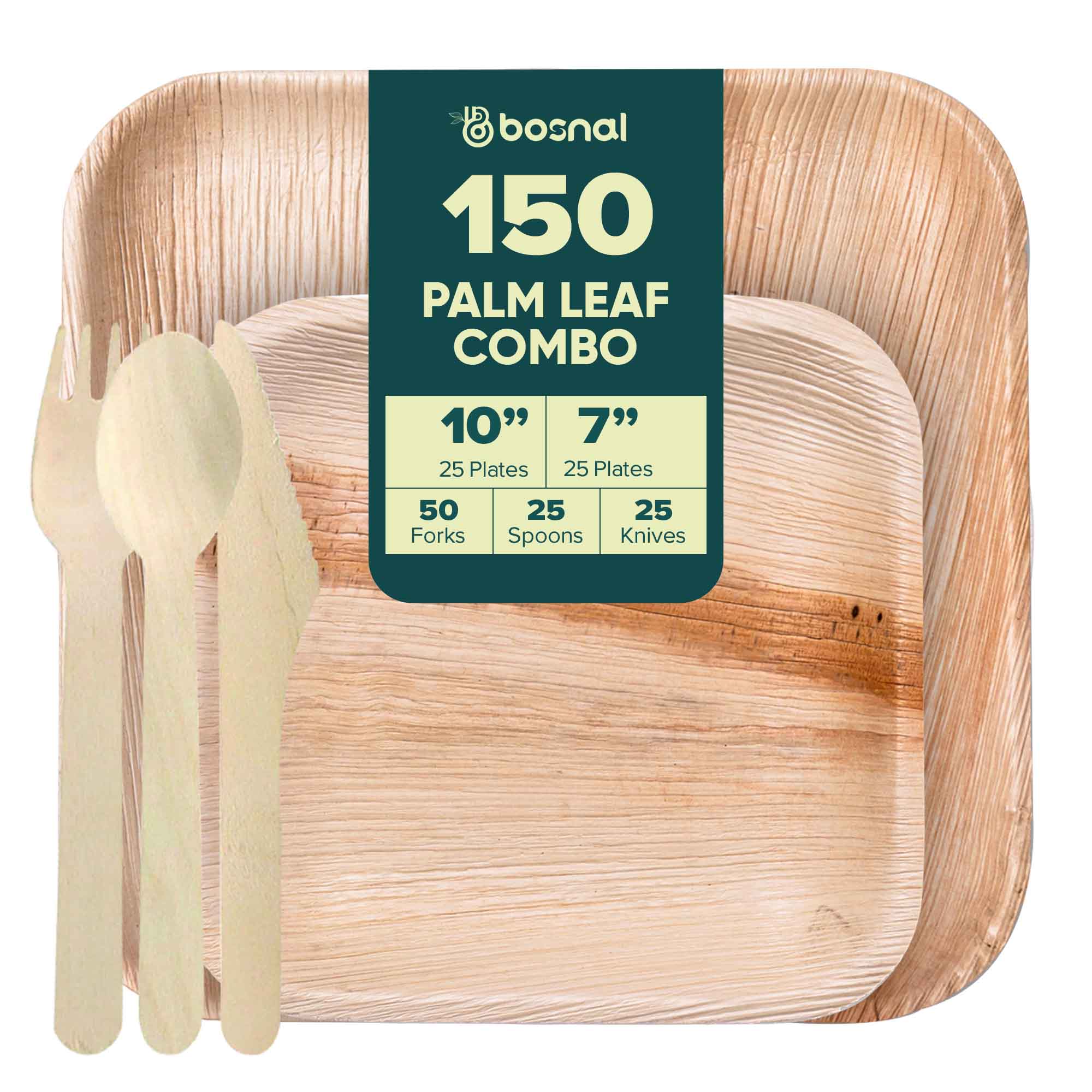 Palm Leaf Biodegradable 10" & 7" Square Plates with Cutlery Combo (25 pcs each of Plates, Spoons, Knives, 50 Forks), Eco-Friendly, Disposable Dinnerware for Parties, Weddings & Events