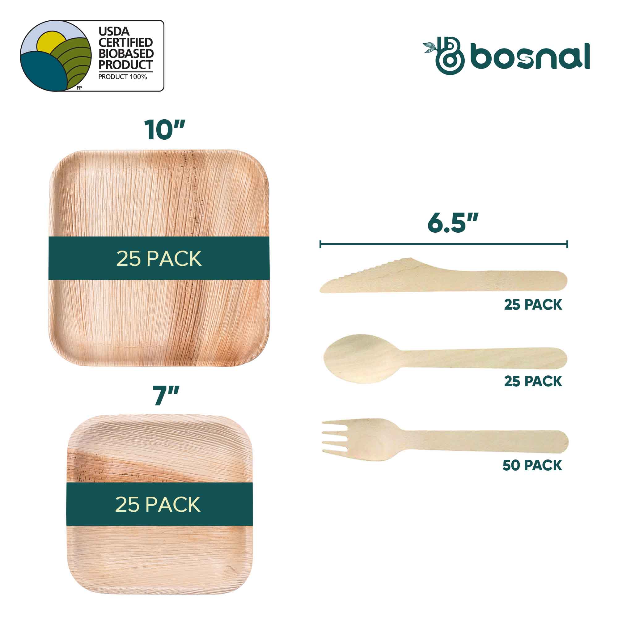 Palm Leaf Biodegradable 10" & 7" Square Plates with Cutlery Combo (25 pcs each of Plates, Spoons, Knives, 50 Forks), Eco-Friendly, Disposable Dinnerware for Parties, Weddings & Events