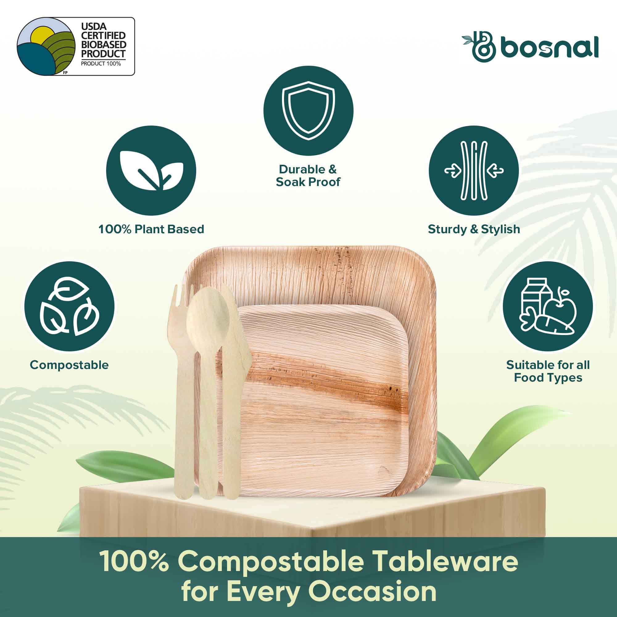 Palm Leaf Biodegradable 10" & 7" Square Plates with Cutlery Combo (25 pcs each of Plates, Spoons, Knives, 50 Forks), Eco-Friendly, Disposable Dinnerware for Parties, Weddings & Events