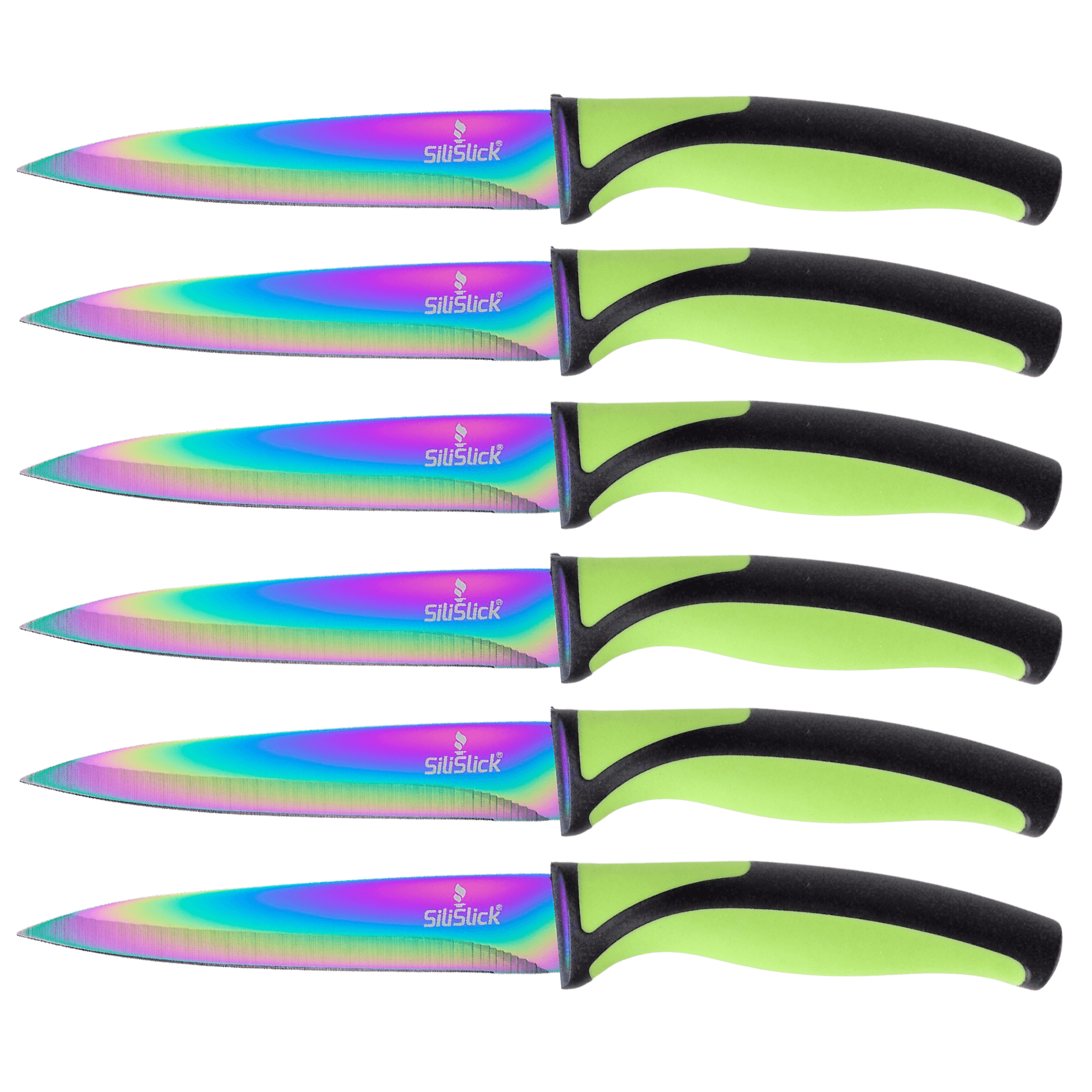 Steak Knife Set 6 Rainbow Titanium Coated Blades & Green Handles