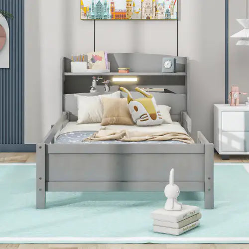 Wood Twin Size Platform Bed With Built-in LED Light, Storage Headboard And Guardrail, Antique Grey