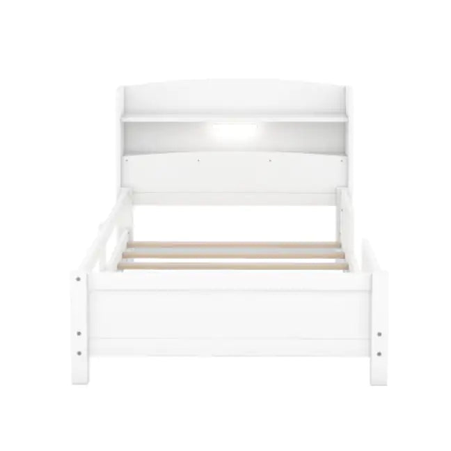 Wood Twin Size Platform Bed With Built-in LED Light, Storage Headboard And Guardrail, White
