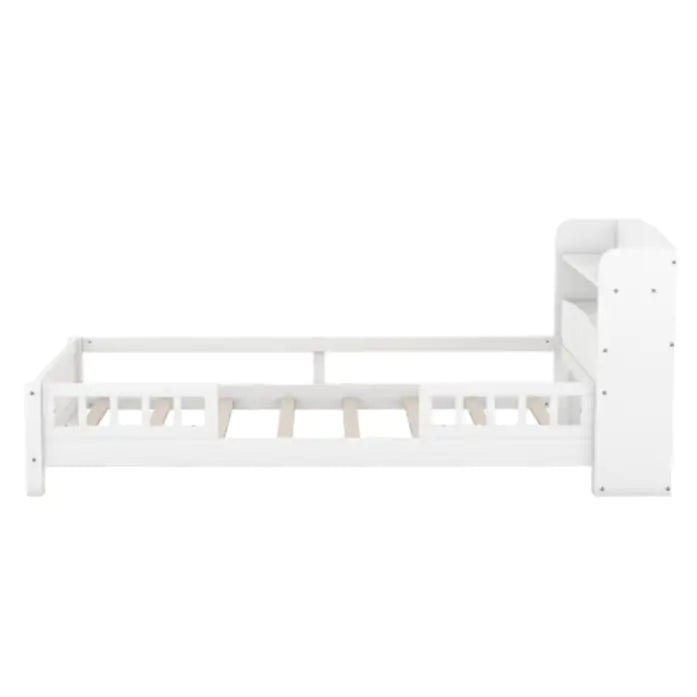 Wood Twin Size Platform Bed With Built-in LED Light, Storage Headboard And Guardrail, White